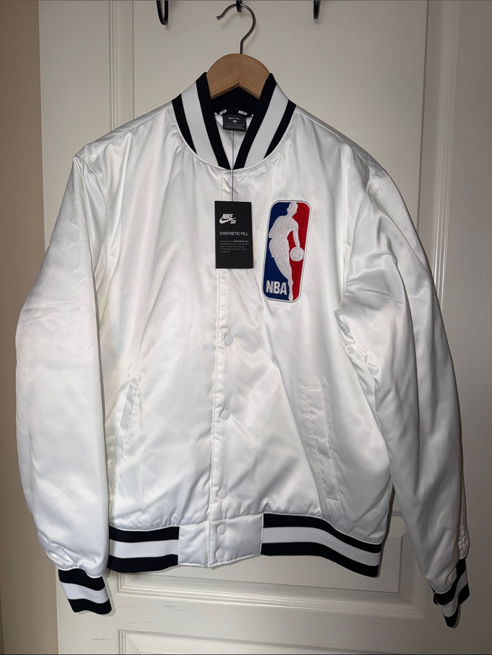 Nike White Satin NBA Jacket with Black Trim